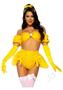 Leg Avenue Fairytale Beauty Glitter Shimmer Bra Top With Gathered Rosette Center And Puff Sleeves, High Waist Panty With Ribbon Pick-up Skirt, Removable Clear Straps, And Matching Hair Ribbon (4 Piece) - Medium - Yellow
